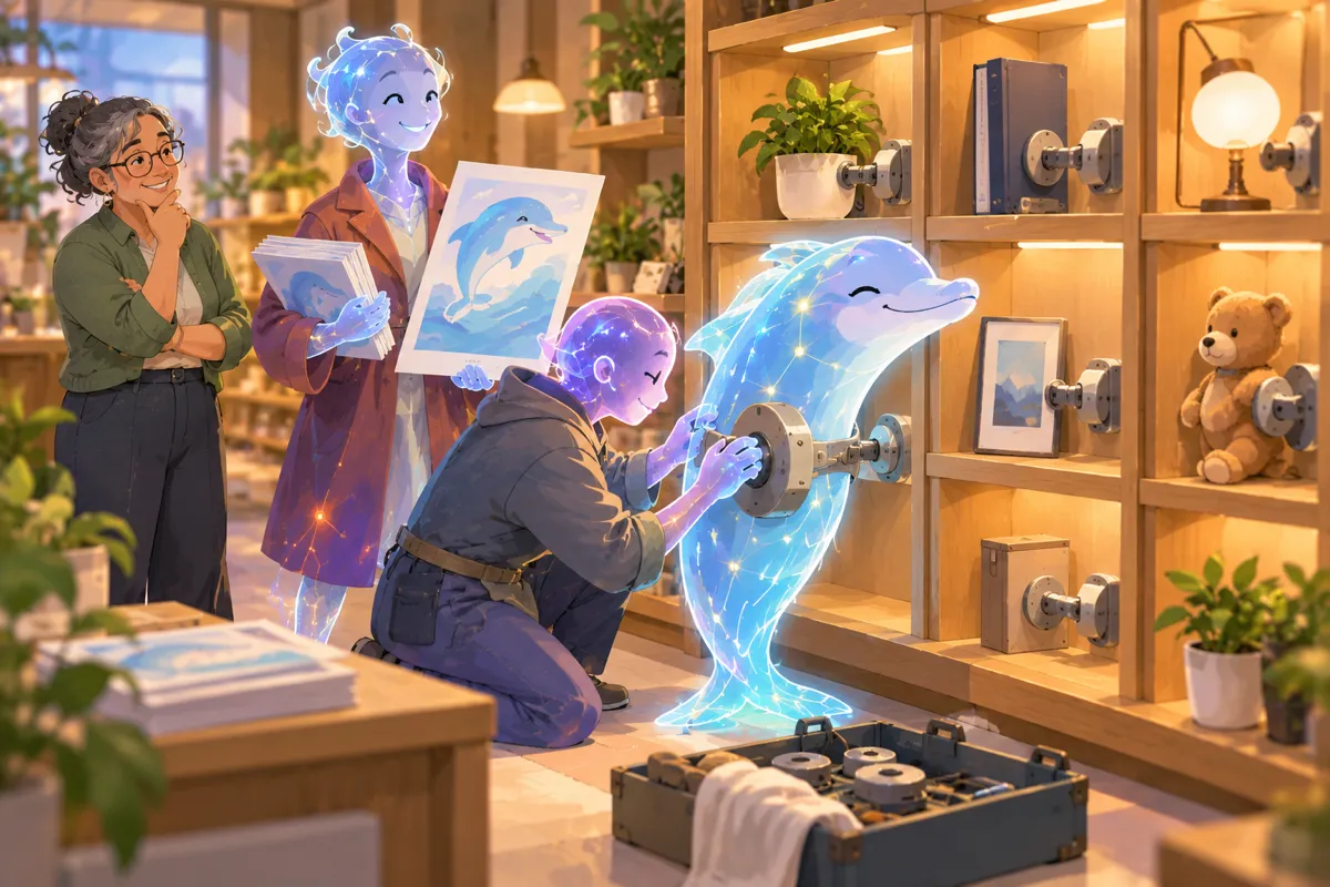 A human observer watches as glowing AI agents adapt Piper Morgan to fit a display shelf’s standardized connectors, showing how a new distribution surface can change the product itself.