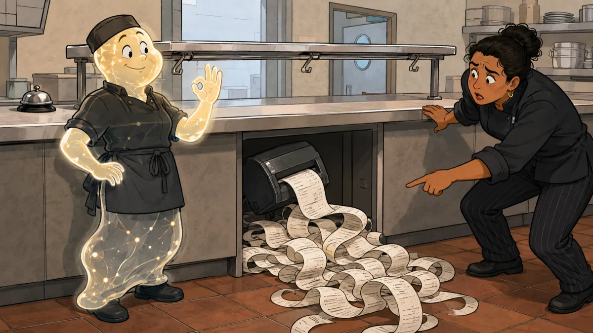 In a restaurant kitchen, a glowing, translucent AI assistant Piper signals that the empty order rail is clear while a human manager points in alarm to a fallen printer spewing a huge backlog of tickets across the floor.