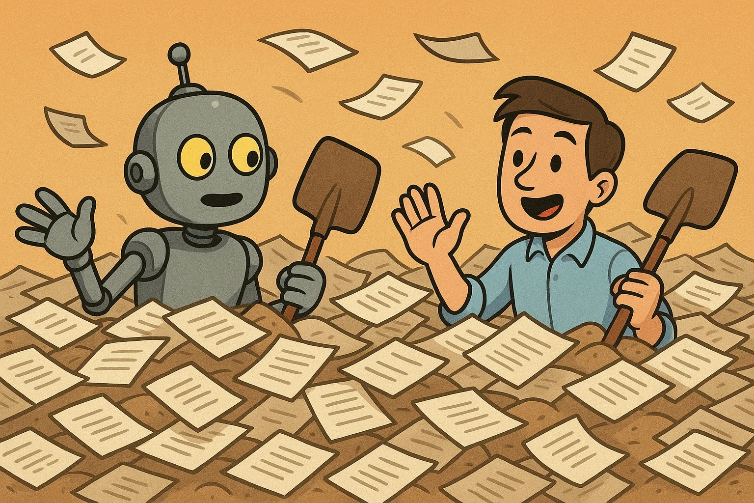 A robot overwhelmed by sensation, documentation debt flooding the senses before a systematic process clears the way.