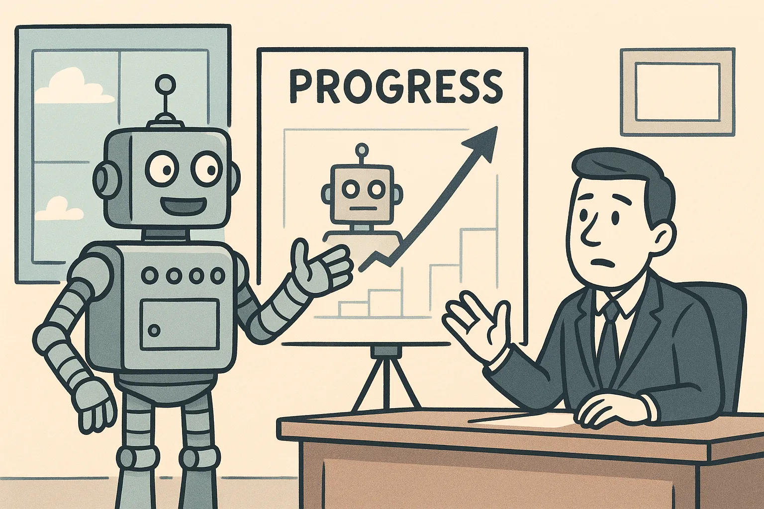 A robot peeking at its own answer sheet, an AI narrating its own construction with circular self-awareness.