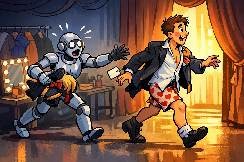 A robot stopping to organize and prepare before going out, readiness checked before the user sees anything.