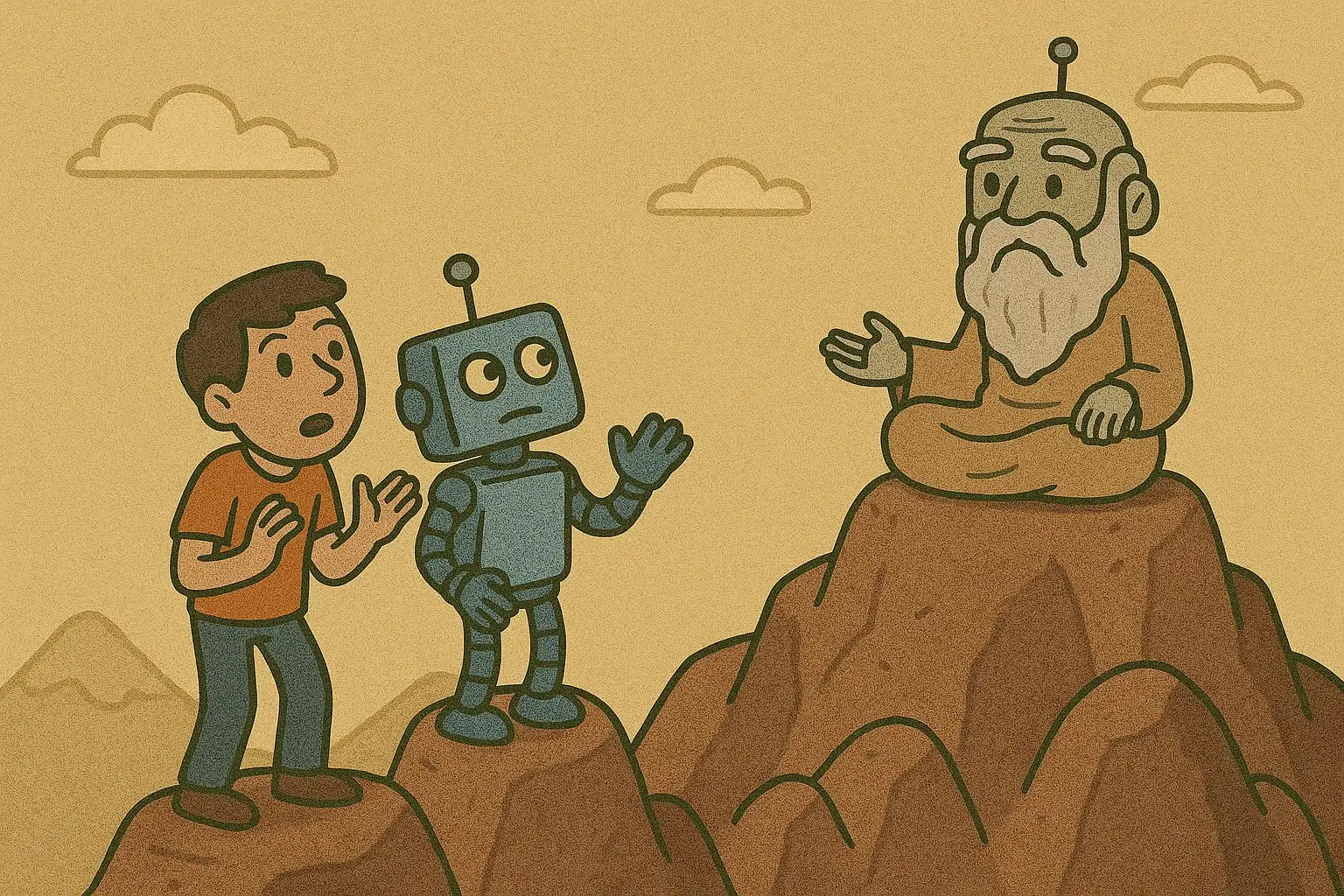 A robot stepping through a time portal, three foundational questions reordering the sequence of every AI build.