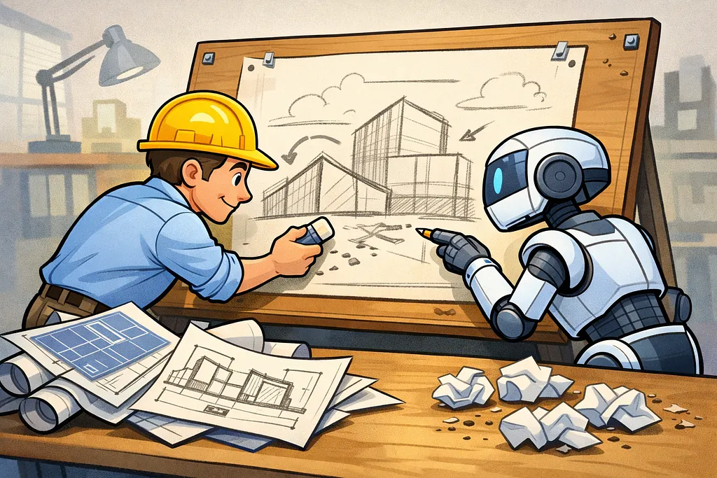 A robot returning to a cleared workspace, deliberately choosing a fresh orientation after a break.