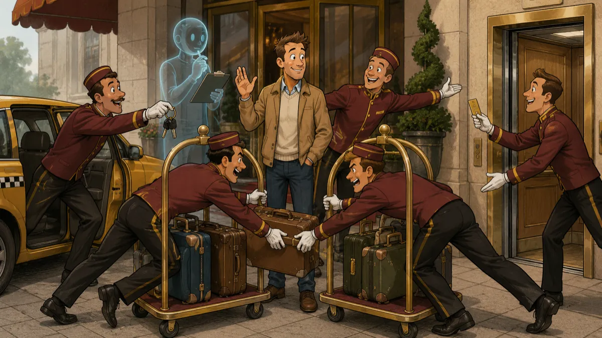 A hotel guest's casual gesture triggers four eager valets at once—one grabs the keys, one offers the elevator, and two compete over the same suitcase, while a translucent observer realizes the coordination problem.