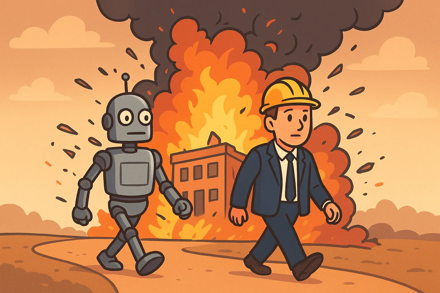 Multiple robots reviewing blueprints together, coordinated planning sustaining progress through disruptive conditions.