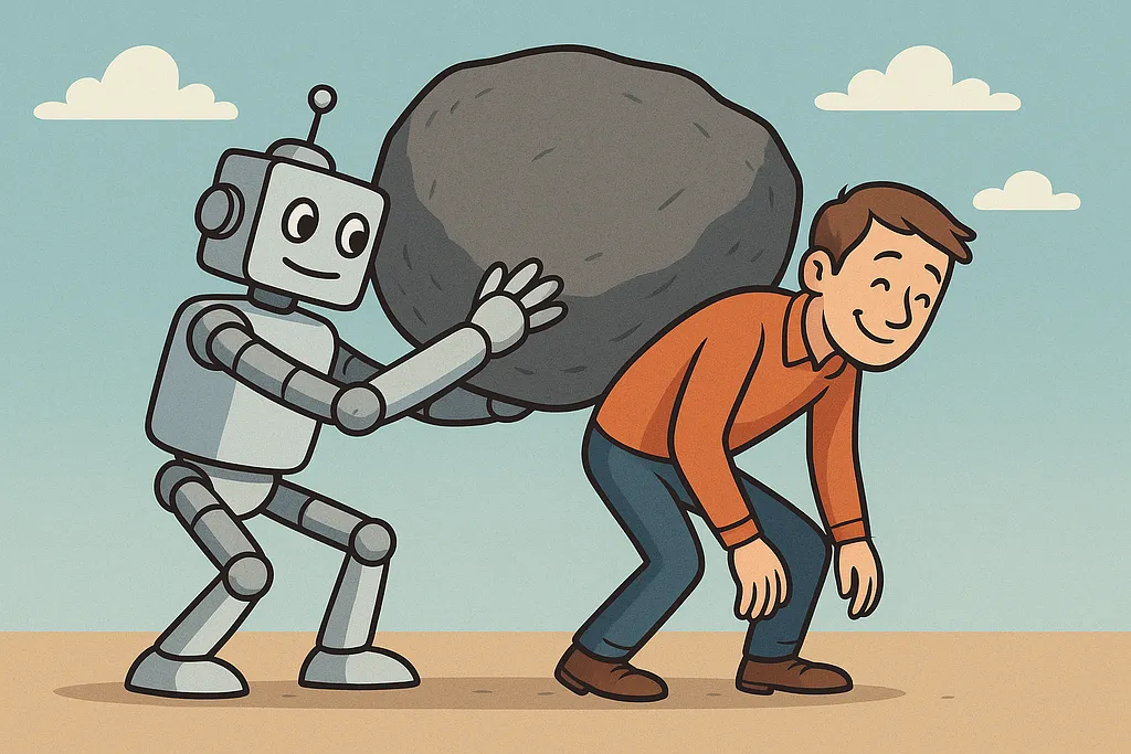 A robot applying leverage to lift a heavy load with minimal effort, freeing the human from cognitive burden.