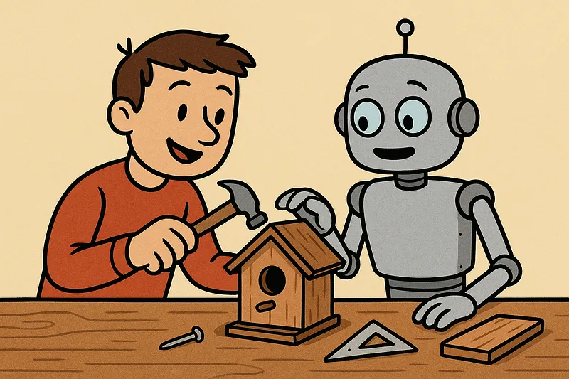 A robot constructing a small birdhouse with care, modeling the structured habitat a product manager builds for an AI to inhabit.