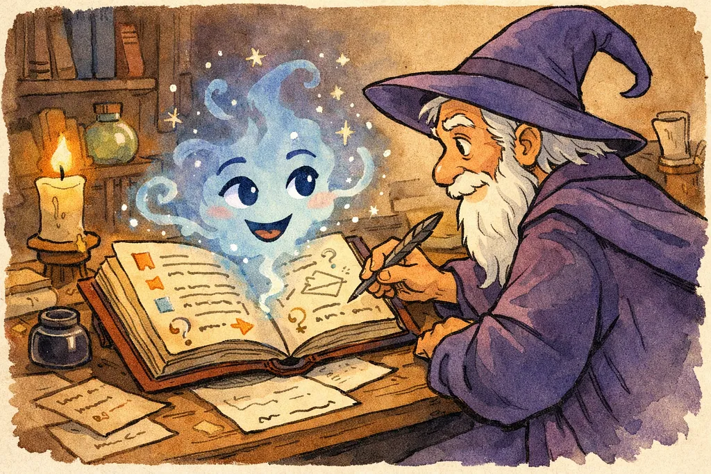 A robot in a wizard's robe writing reflections in a journal, encoding accumulated knowledge.
