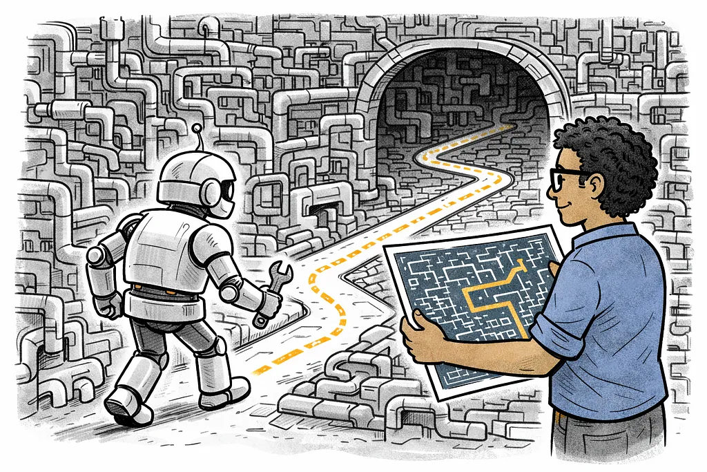 A robot reviewing a plan before acting, showing how systematic analysis leads to faster execution.