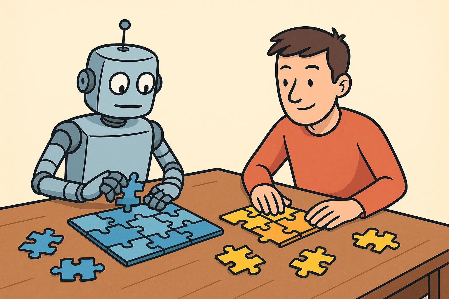 A robot combining ingredients in a kitchen, assembling disparate components into a coherent tool.