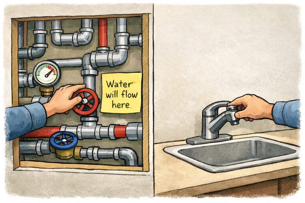 A robot examining empty pipe stubs that were never connected, discovering months-old incomplete work.