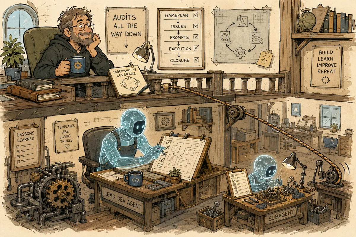 A workshop where a human creator watches proudly from above as a glowing AI lead developer supervises a smaller AI subagent completing careful work below, while a shared mechanical cable quietly causes a tiny unnoticed disturbance in the workshop machinery