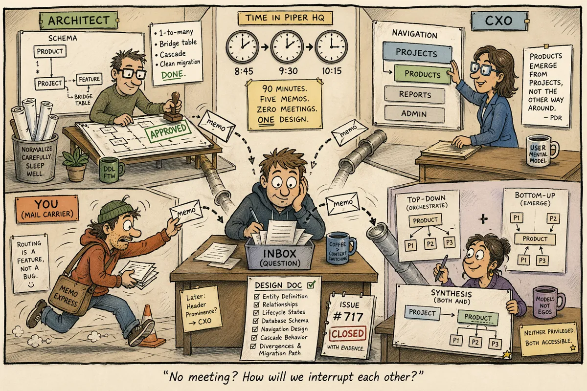 Four roles working separately in a small office diagram, sending memos back and forth while a lead developer assembles a design document.