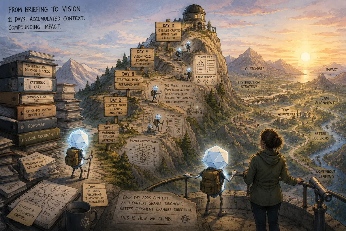 A glowing geometric AI companion climbs a mountain from towering stacks of project documents to an observatory overlooking a vast landscape, symbolizing how accumulated context becomes strategic vision and better judgment over time.