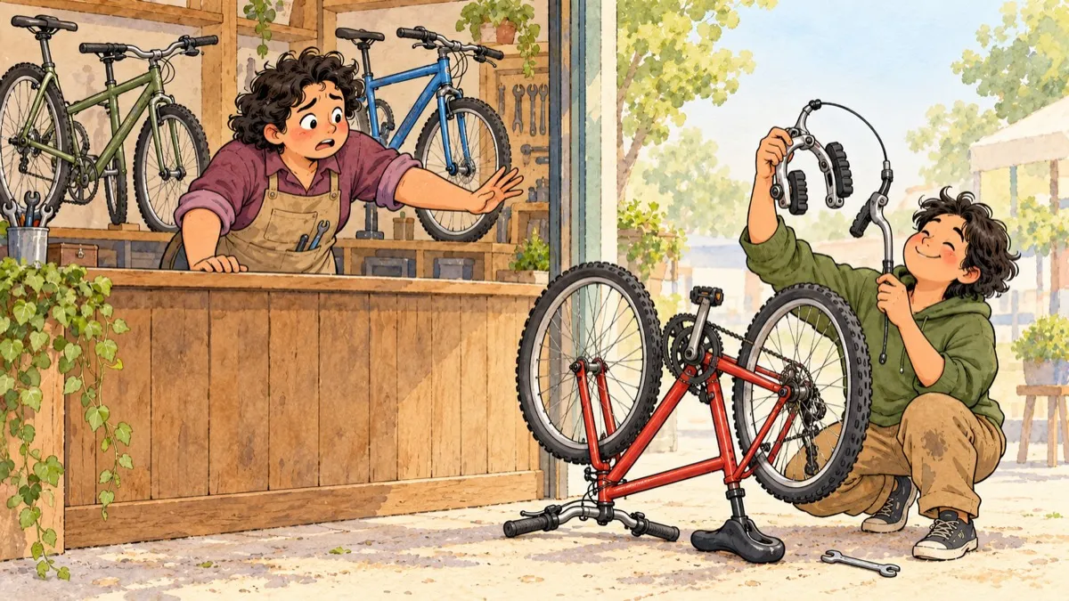 A worried bicycle maker reaches across a shop counter as a delighted customer proudly holds up the brakes they’ve removed from their new bike.