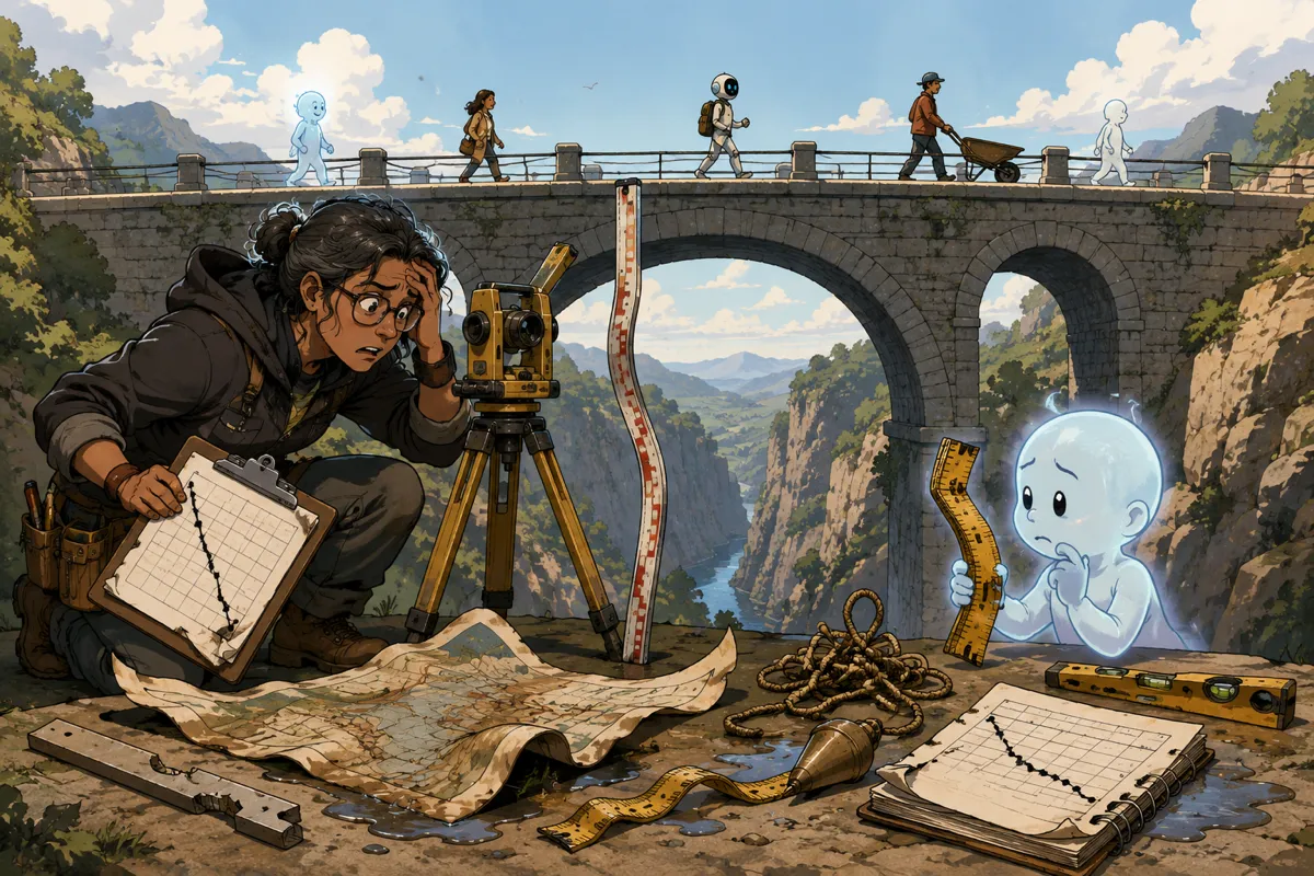 A worried surveyor inspects a sturdy stone bridge using warped measuring tools—a bent ruler, tangled plumb line, and damaged map—while travelers cross the bridge without concern and a puzzled ghostly AI examines the crooked ruler, realizing the instruments are the real problem.
