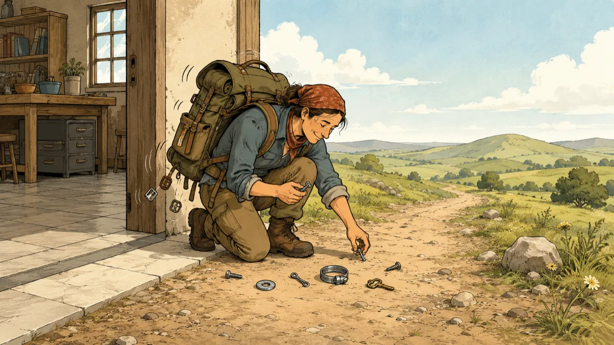 An explorer kneels just beyond the doorway of a tidy workshop, calmly gathering small hardware pieces shaken loose by the uneven ground, illustrating how a new environment reveals hidden assumptions.