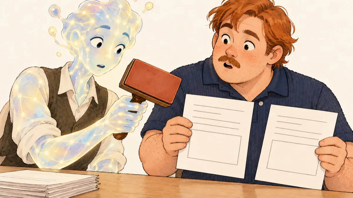 An AI clerk reveals a rubber stamp’s blank face while a puzzled human holds two matching forms with empty approval boxes.