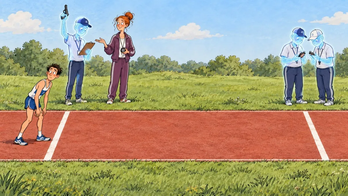A runner waits behind the starting line as an AI starter studies a clipboard. At the finish, two AI officials compare stopwatches while a human coach gestures toward the distracted starter.