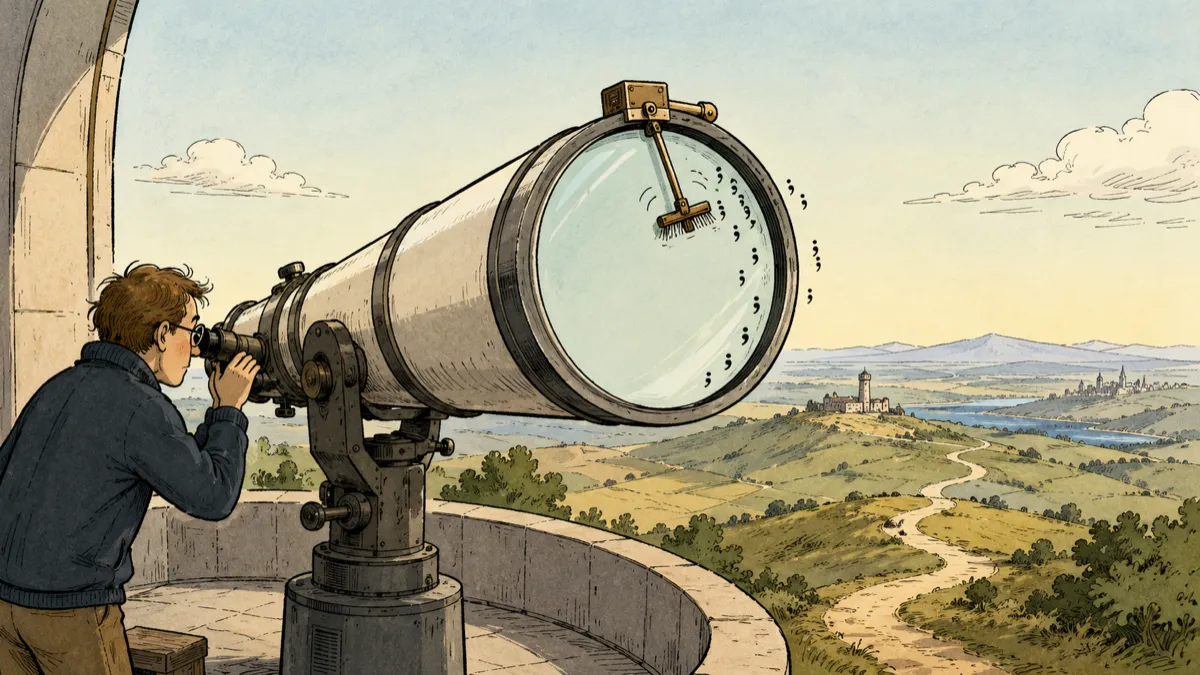 A mechanical wiper clears semicolon-shaped specks from a telescope lens while a human observer studies the distant landscape, freeing attention for meaning rather than pattern-checking.