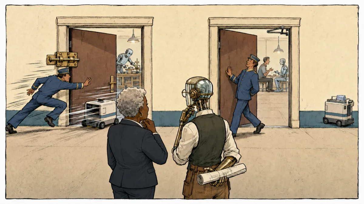 A boss and robot architect observe two guarded doorways: At one, speed defeats vigilance. At the other, a built-in mechanism calmly controls access.
