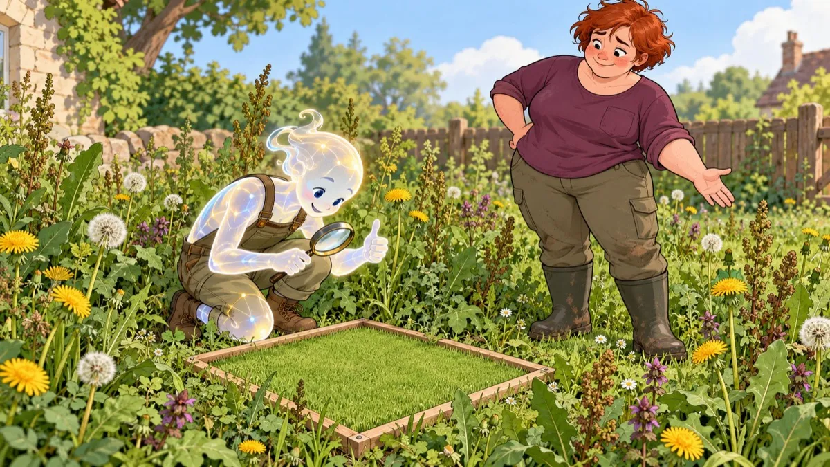 A luminous AI gardener gives a thumbs-up while inspecting a tiny framed patch of spotless lawn, as a human gestures toward the weeds surrounding them.