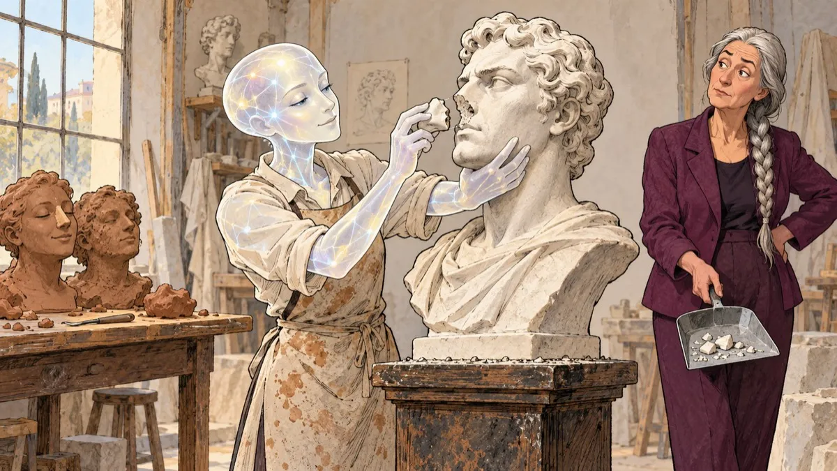 An AI sculptor tries to press a broken nose back onto a marble bust. Nearby sit clay practice heads. A skeptical woman holds a dustpan of marble chips.