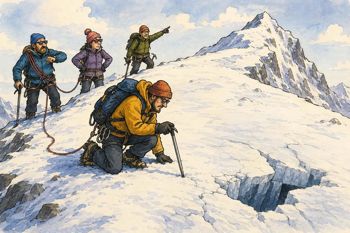 A mountaineer kneels to probe the snow ahead while impatient teammates wait behind, unaware of a hidden crevasse opening in the ridge.