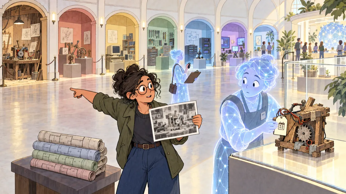 In a seven-gallery museum, a founder holding an archival photograph points toward the earliest exhibits as a luminous curator pauses while filing a primitive machine in the newest display.