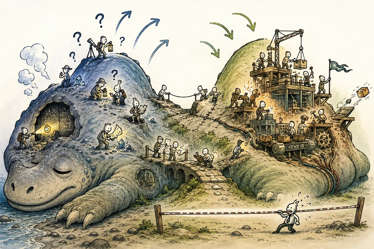 A giant sleeping creature forms the landscape while tiny explorers investigate one side, builders rapidly construct on the other, and bridge-makers connect the middle, as one frantic manager tries to force a straight productivity line across the creature’s natural breathing rhythm.