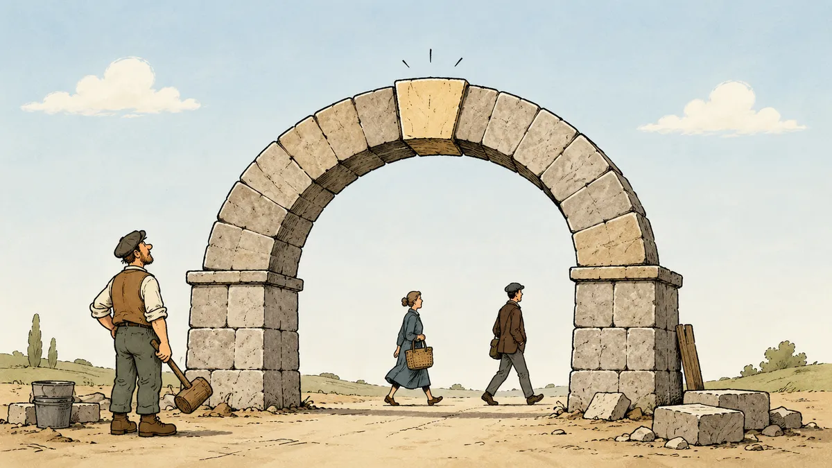 A mason quietly watches as people begin walking beneath a newly completed stone arch, illustrating how the true test of a keystone is the ordinary weight it quietly carries.