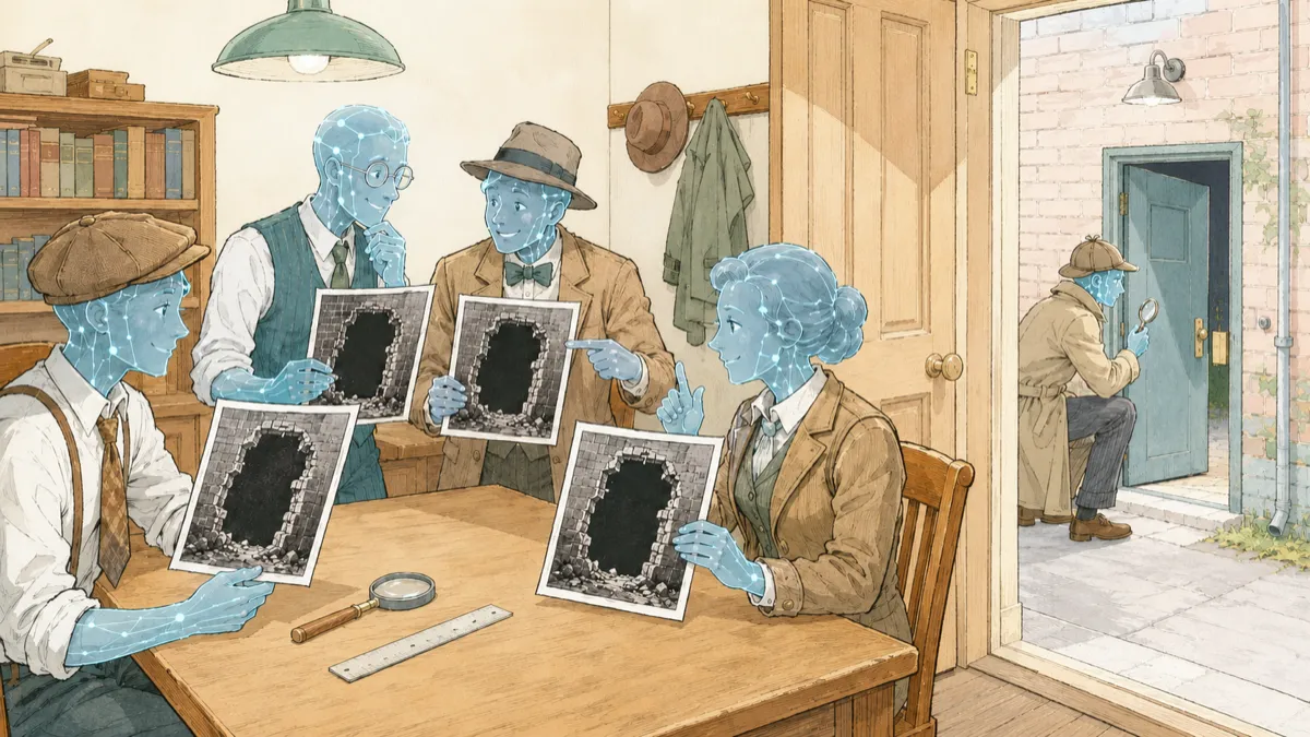 Four AI detectives compare identical photos of a huge breach, while a fifth steps outside to inspect the actual unsecured door directly.