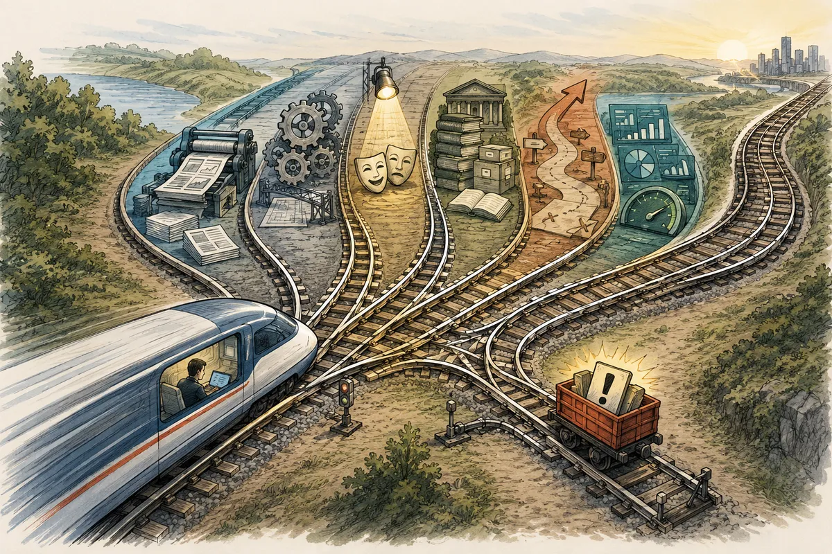 A high-speed train entering a rail junction where six parallel tracks branch into different analytical landscapes before merging again, with one exaggerated claim diverted onto a repair siding.