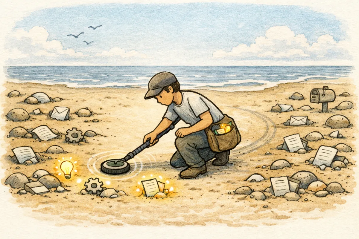 A hand-drawn cartoon of a person sweeping a metal detector across a beach scattered with small objects like papers, gears, and abstract shapes. Most items remain dull and half-buried, but a few glow softly as the detector passes over them. The person kneels to collect only the glowing items into a small pouch, leaving the rest behind.
