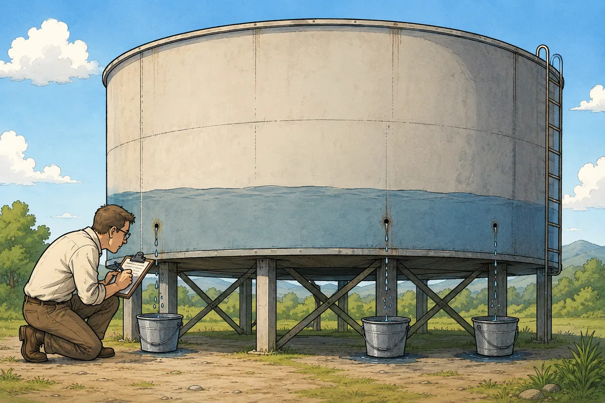 An investigator studies a small leak in a large water tank while two other unnoticed leaks drip nearby and the tank sits unexpectedly low.