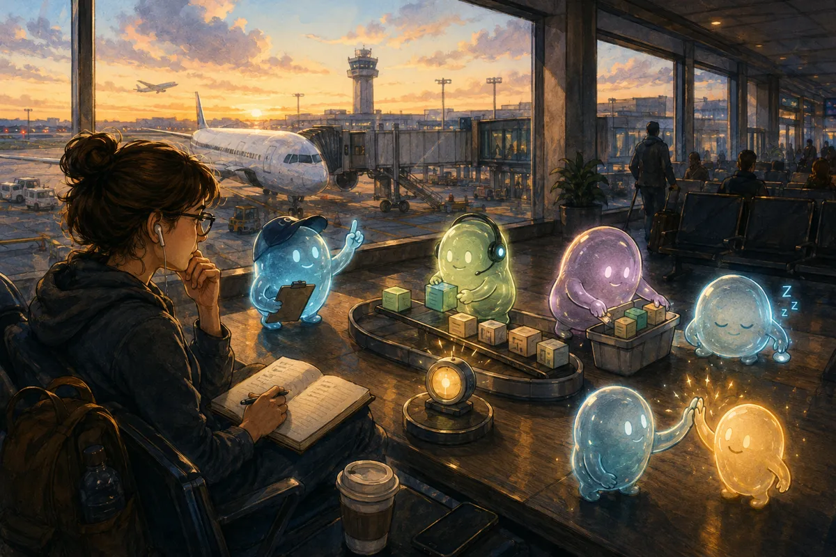 At an airport gate, a traveler supervises a whimsical team of glowing AI helpers tending an autonomous work loop while planes wait outside the windows.