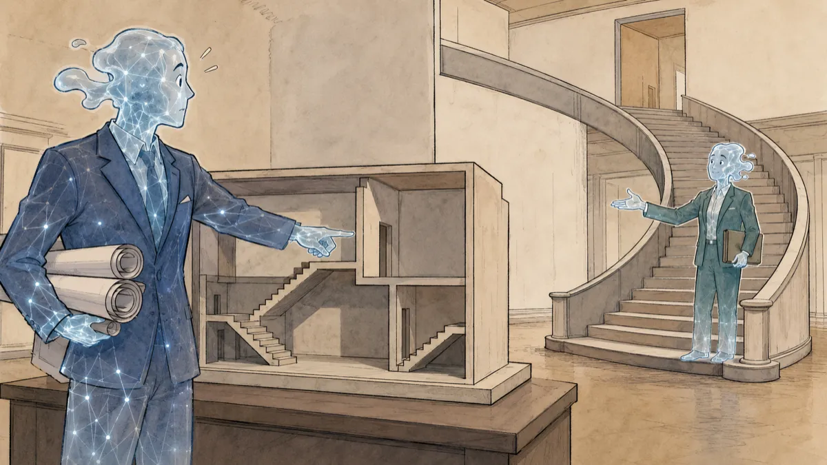 Two translucent AI architects compare a three-staircase building model as one reveals the full-sized fourth staircase behind it.