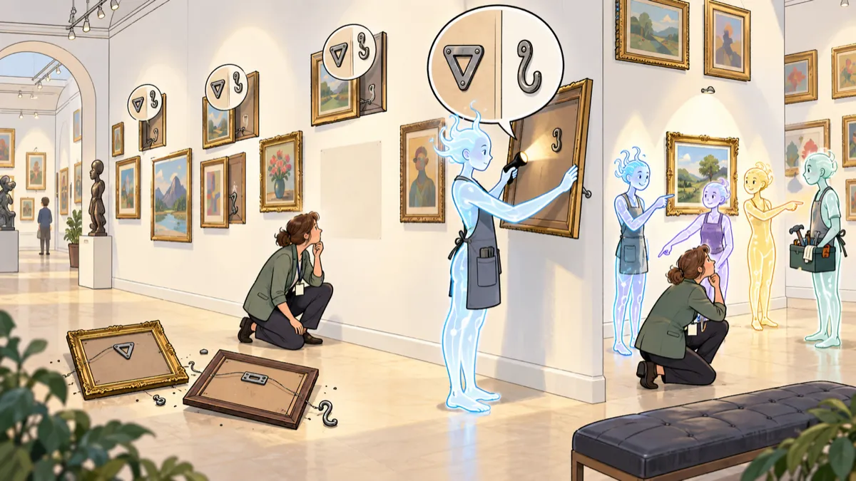 In a bright gallery, luminous AI workers expose mismatched picture hooks while two frames lie fallen and a human inspector studies a never-used wall space.