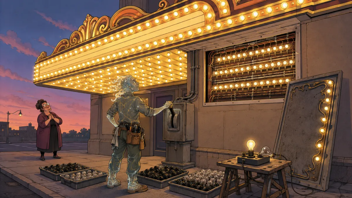 A (translucent) AI electrician tests a fully illuminated theater marquee at dusk while a delighted manager looks on, with trays of replaced bulbs and a single-bulb tester nearby.