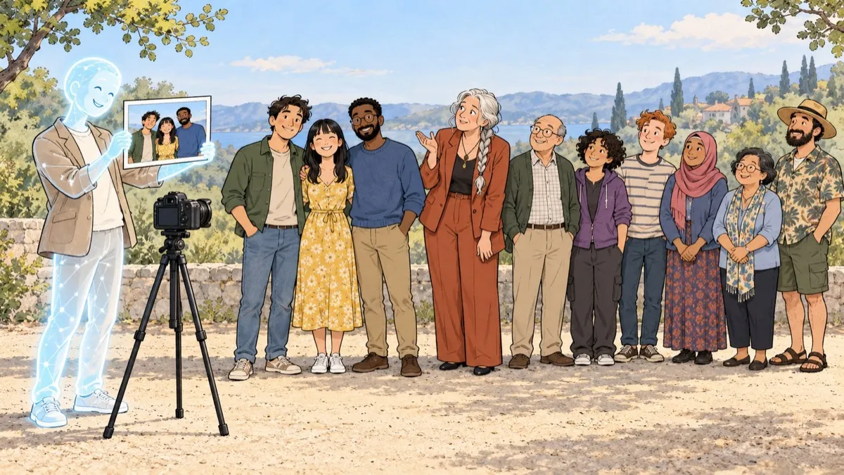 An AI photographer proudly displays a portrait of three people, while the rest of the group stands beside them, one woman raising a questioning hand.