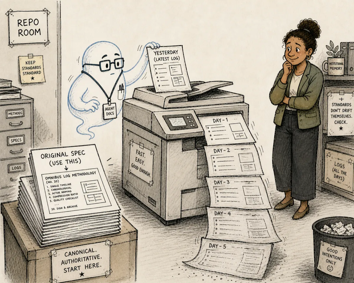A ghostlike clerk feeds ‘yesterday’s’ page into a copier while a nearby ‘Original Spec’ sits unused, as the output copies become progressively faded and warped; a supervisor watches, realizing the issue.