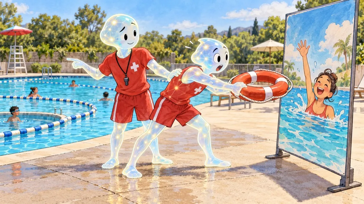An AI lifeguard offers a rescue ring to a swimmer pictured on a poolside poster, while a colleague gently holds it back and points toward the real pool.