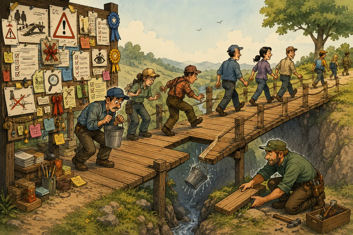 A crowded bridge crossing is surrounded by piles of reminders warning about a missing plank, while a quiet carpenter simply installs the missing board—showing how a small structural fix succeeds where constant vigilance does not.