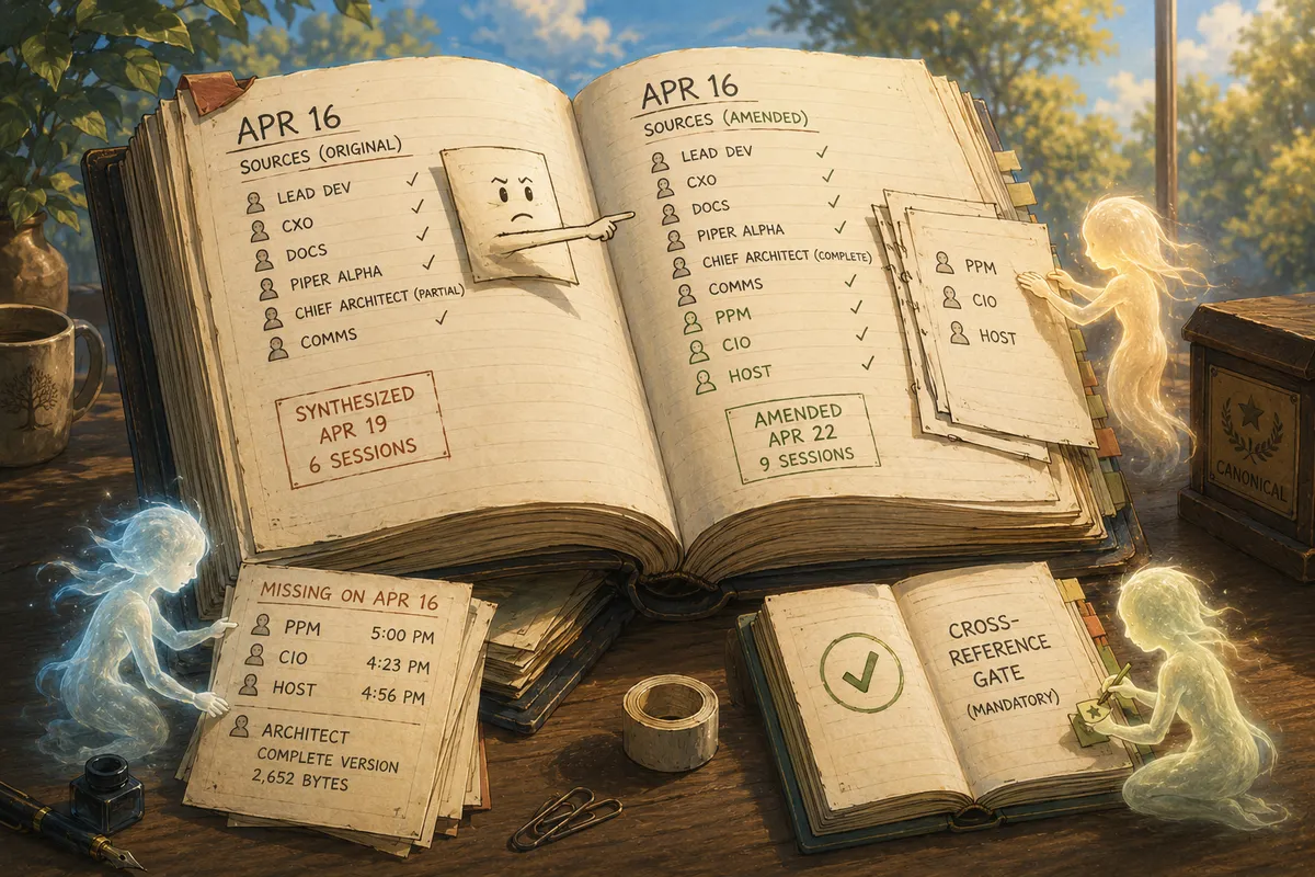 Glowing ethereal beings amending a giant ledger book, reintegrating missing pages into the official record while the book appears to point out its own omissions