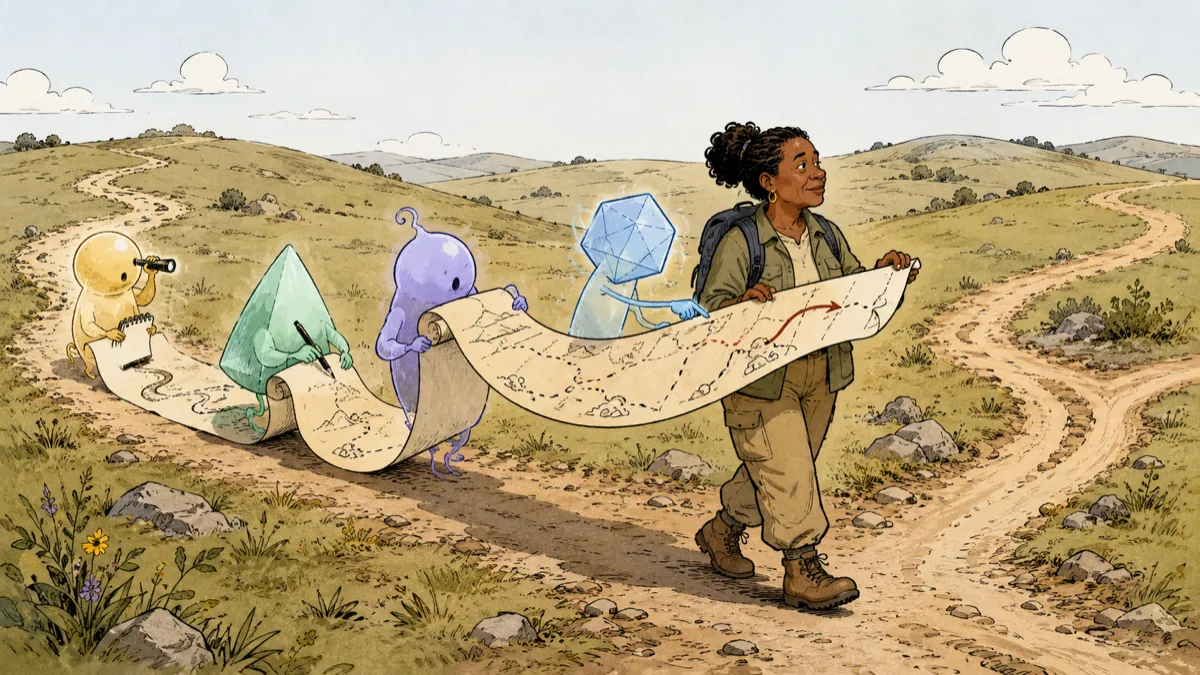 A person leads a small group of AI companions along a branching trail while they draw and follow a continuous map of their own journey.