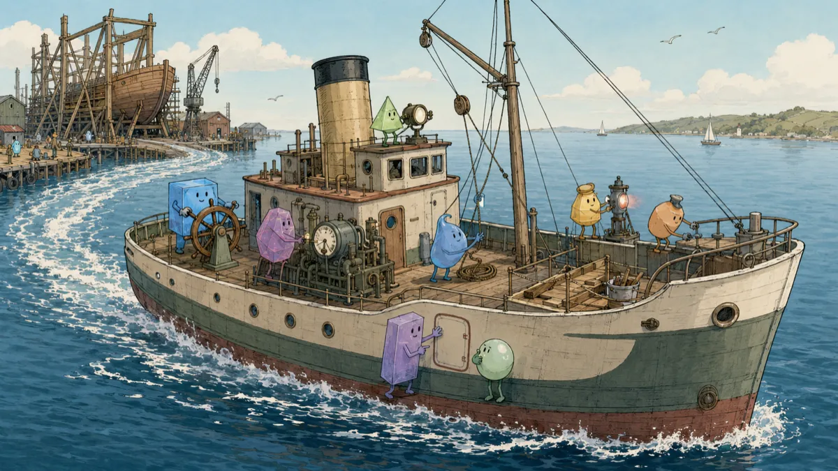A crew of geometric agents operates distinct stations aboard a newly launched ship, while two inspect a painted false hatch as the unfinished vessel gets underway.