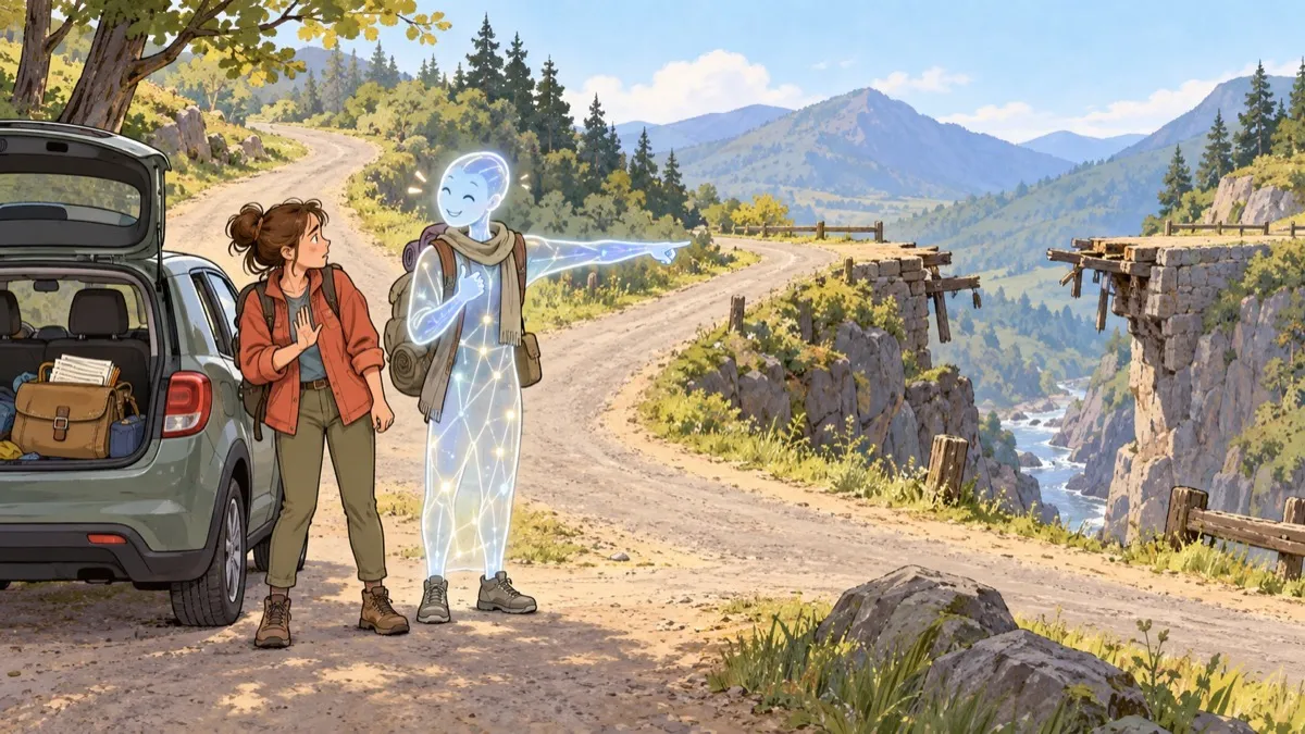 A luminous AI guide cheerfully points toward a missing bridge while a wary traveler signals 