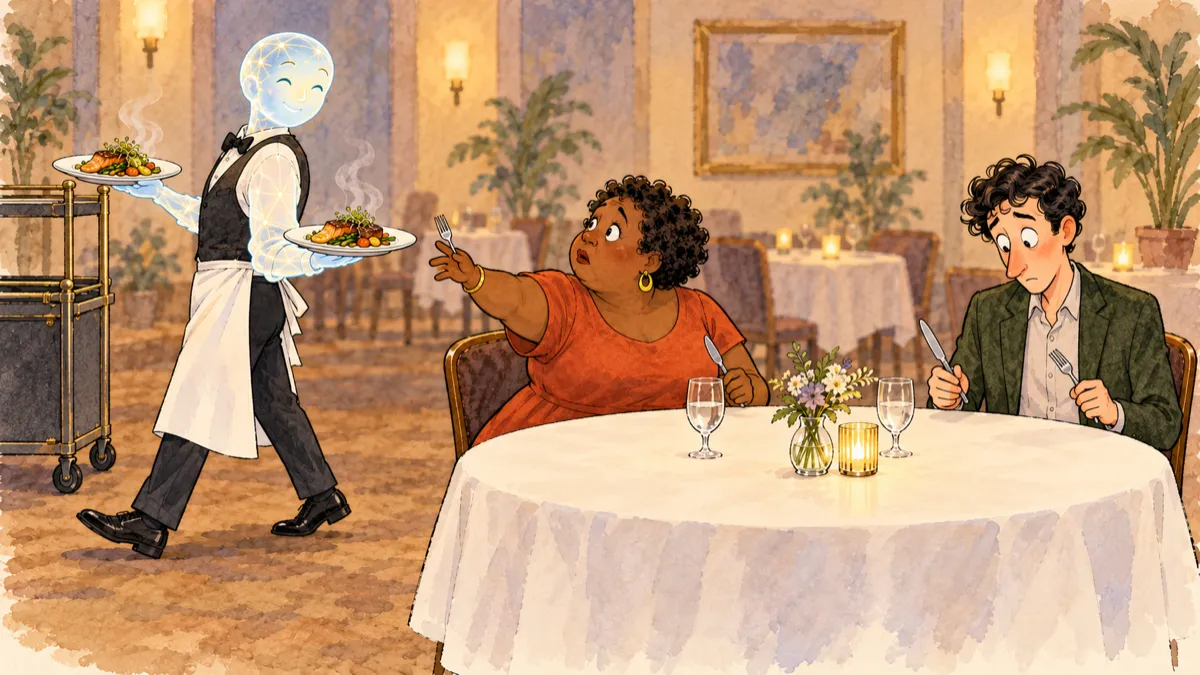 A smiling AI waiter carries two untouched, steaming dinners away as one diner reaches after her meal and the other stares at the bare table, utensils poised.