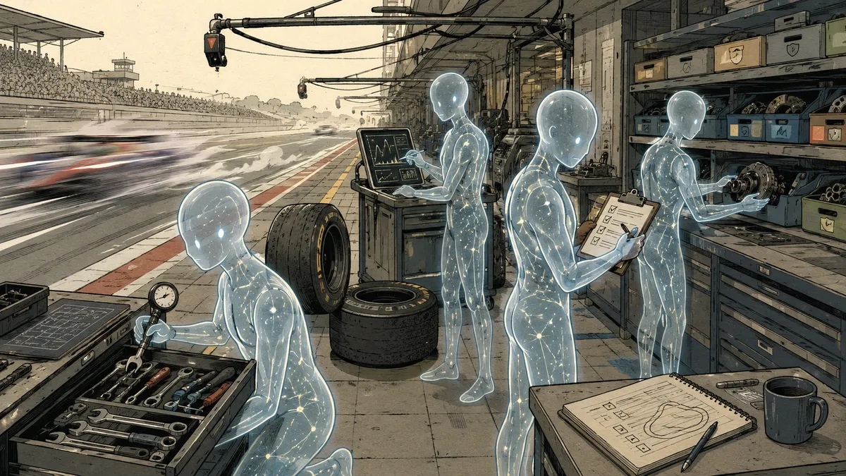 Semi-corporeal AI pit crew calmly organizing tools and reviewing diagnostics as a race car blurs past at extreme speed.