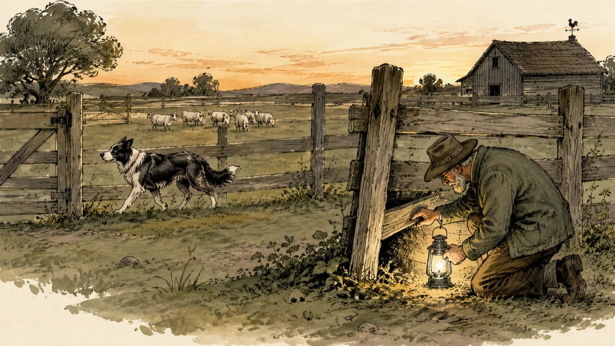 A sheepdog confidently patrols a farm fence while, nearby, the farmer quietly inspects one overlooked corner with a lantern—an illustration of trusted routines backed by occasional careful verification.